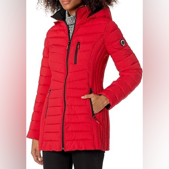 Nautica Women's Medium Red Puffer Jacket Stretch 3/4 Length Water Resistant NWT - Picture 1 of 11
